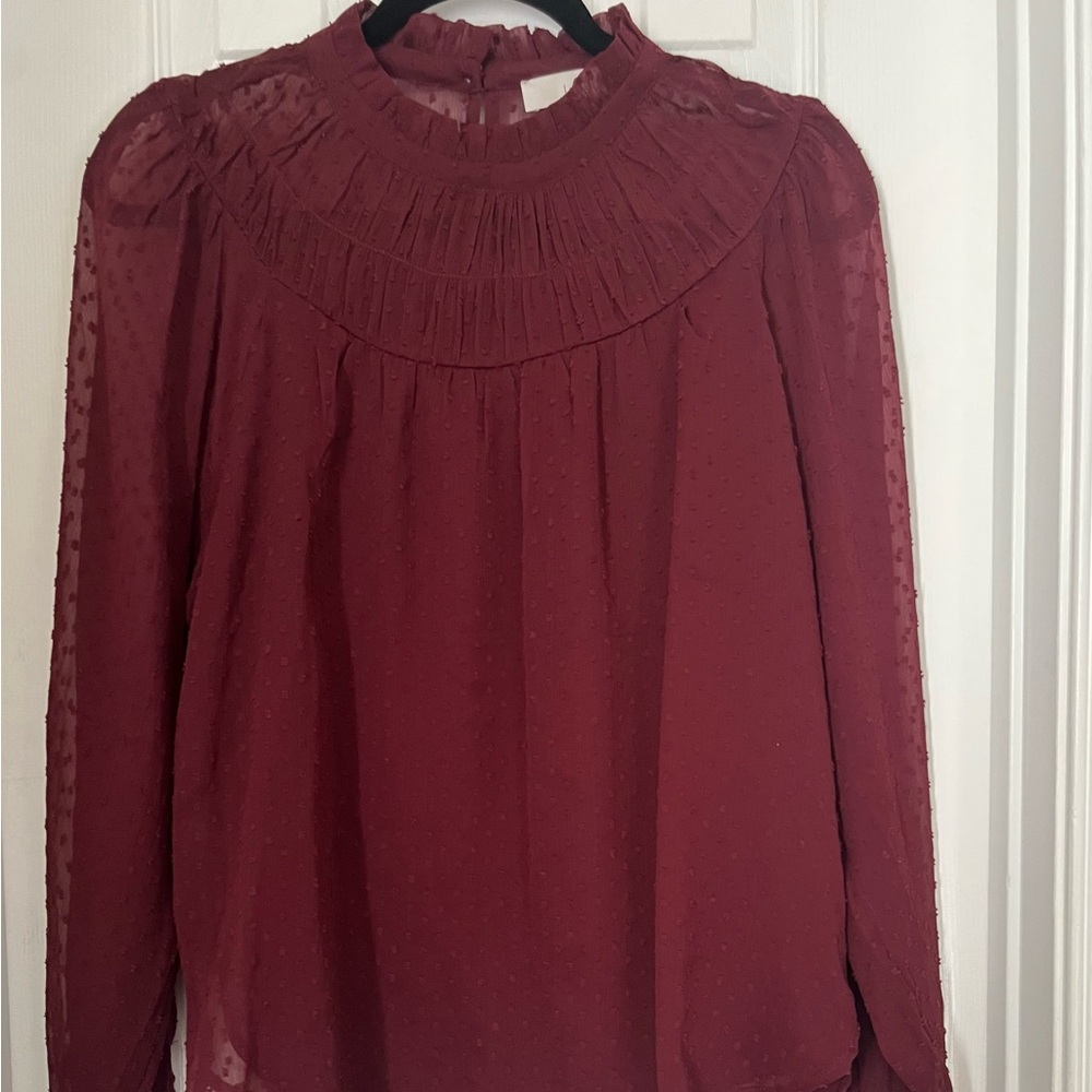 LOFT maroon Smocked Blouse with Long Sleeves